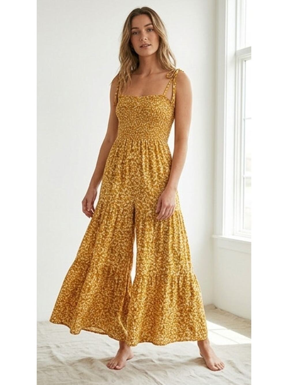 Astoria Gold Floral Wide Leg Jumpsuit Smocked Tie Shoulder Small